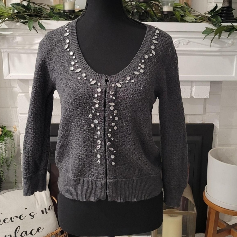 Vintage American Eagle Gray Cable Knit Jewel  Cardigan Size Medium